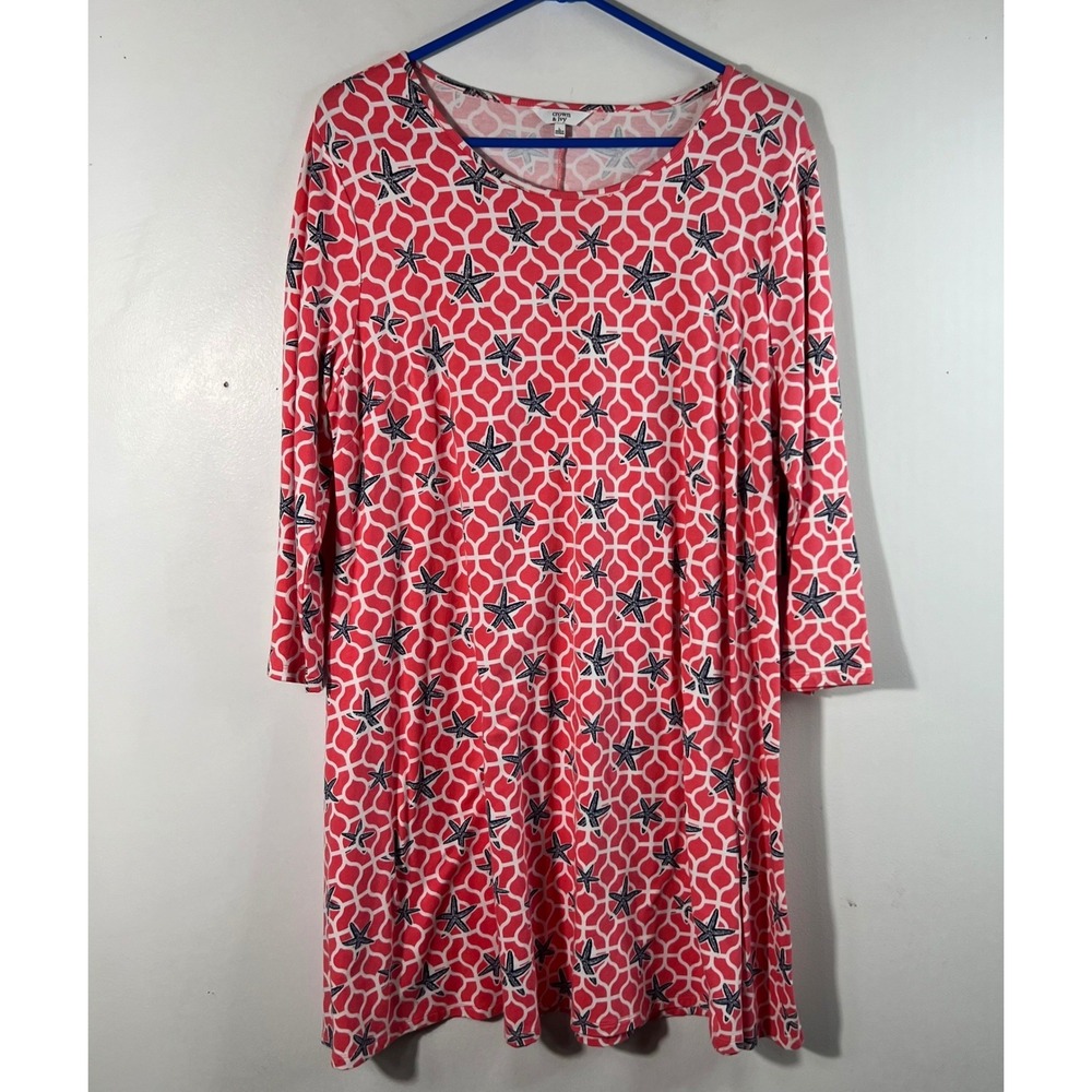 Womens Crown & Ivy Bold Moves Tropical Starfish Swing Dress L 3/4 Sleeves‎ NWT